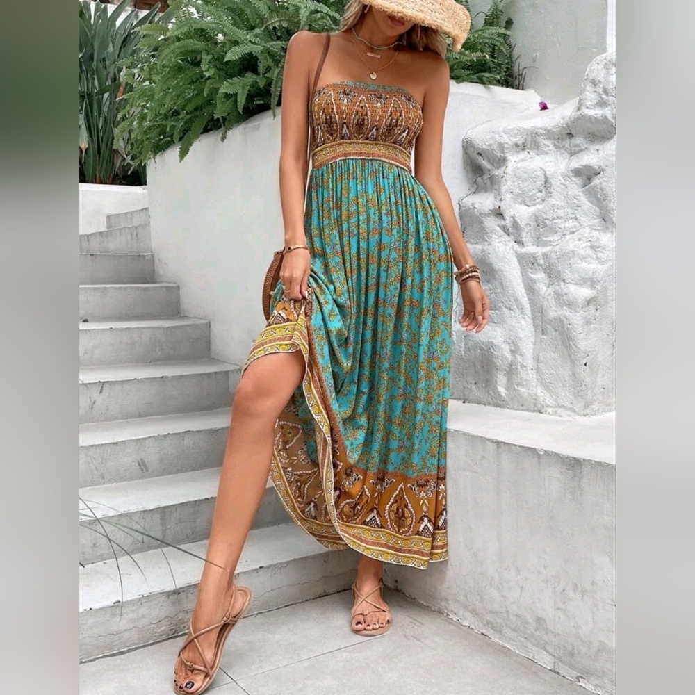 NEW Boho Floral Print Smocked Tube Top Dress Teal Blue Green Yellow Tan - Picture 6 of 11